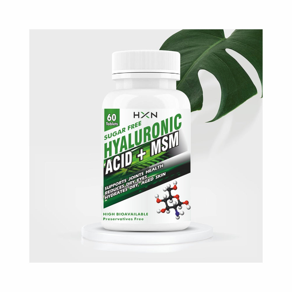 HXN Hyaluronic Acid Supplements With Chondroitin & MSM for Men, Women. Clinically Tested Collagen powder support for skin, eye care, joint support supplement Sugar-Free Tablet - 60 Tablets