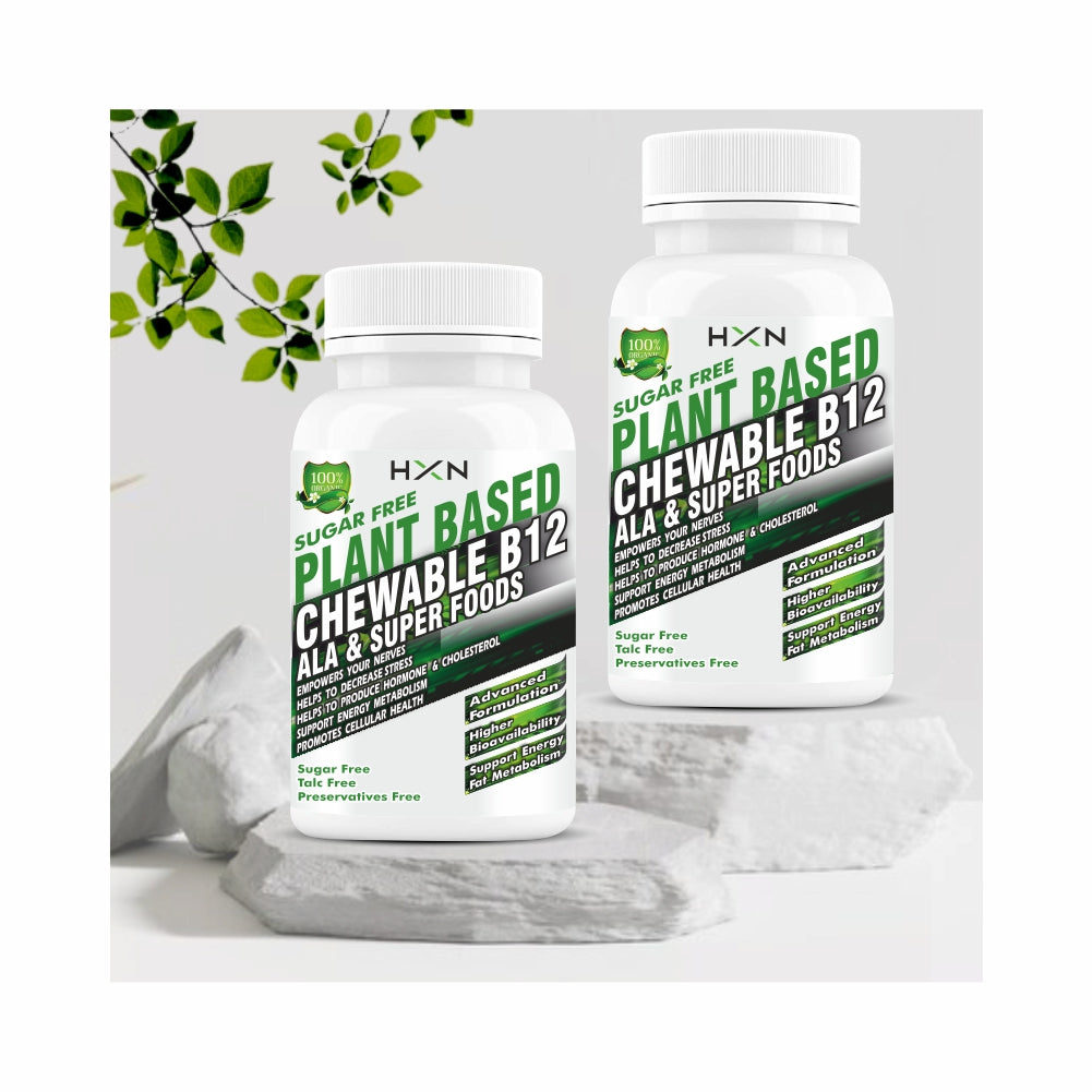 HXN Vitamin B12 Tablets For Men & Women, Plant-Based Active Vit b 12 (Methylcobalamin 1mcg), DHA, Moringa Sugar-free Chewable Supplements boost Brain cells, Nerve Tissue -120 Tablets