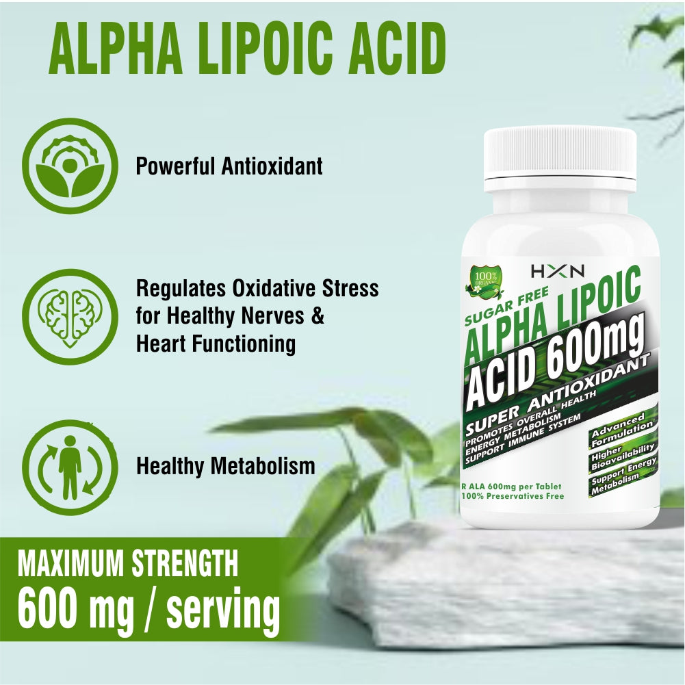 HXN Alpha Lipoic Acid 600mg Supplement With Vitamin B12, L-Glutathione, Hyaluronic Acid, Vit C 60 Tablet