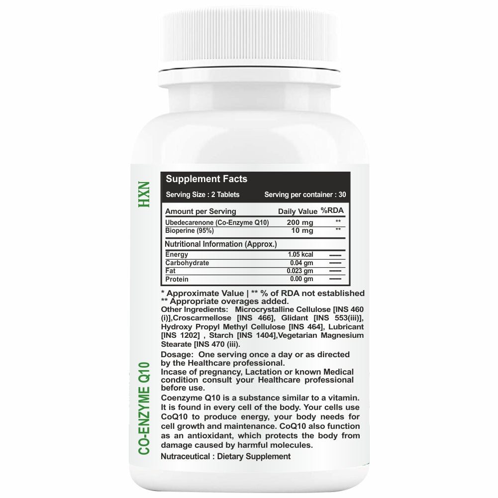 HXN coq10, coenzyme q10 200mg with piperine (Bioperine Supplement) Ubiquinol Enzymes Nosugar Tablet- 60 Tablets