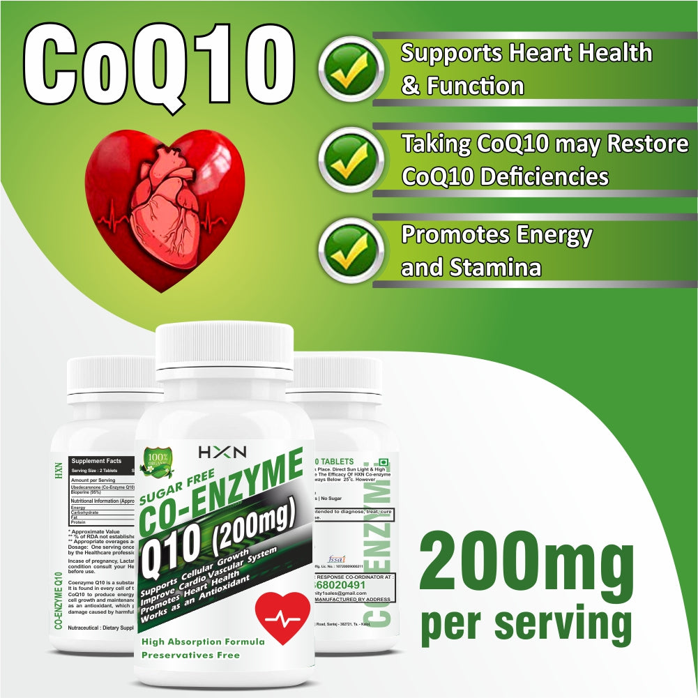 HXN coq10, coenzyme q10 200mg with piperine (Bioperine Supplement) Ubiquinol Enzymes Nosugar Tablet- 60 Tablets