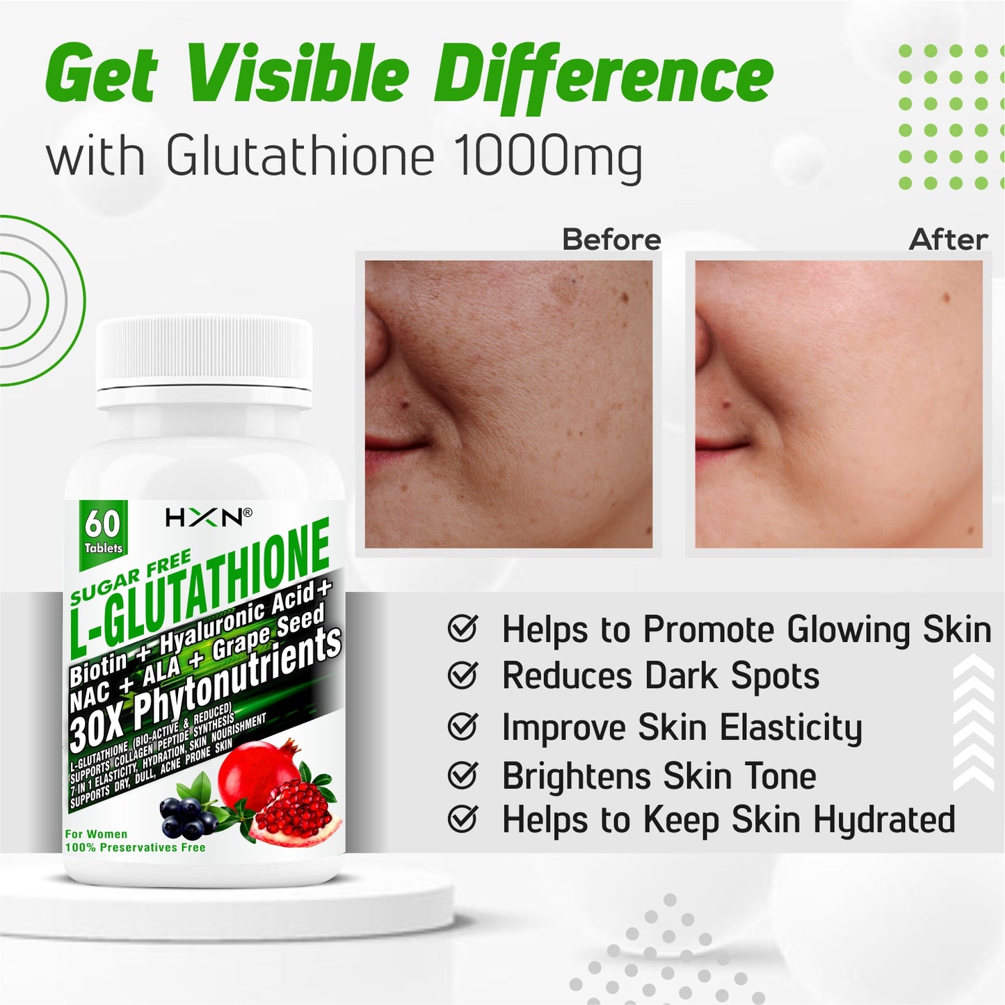 HXN Glutathione 1000mg For Skin 60 Tablets