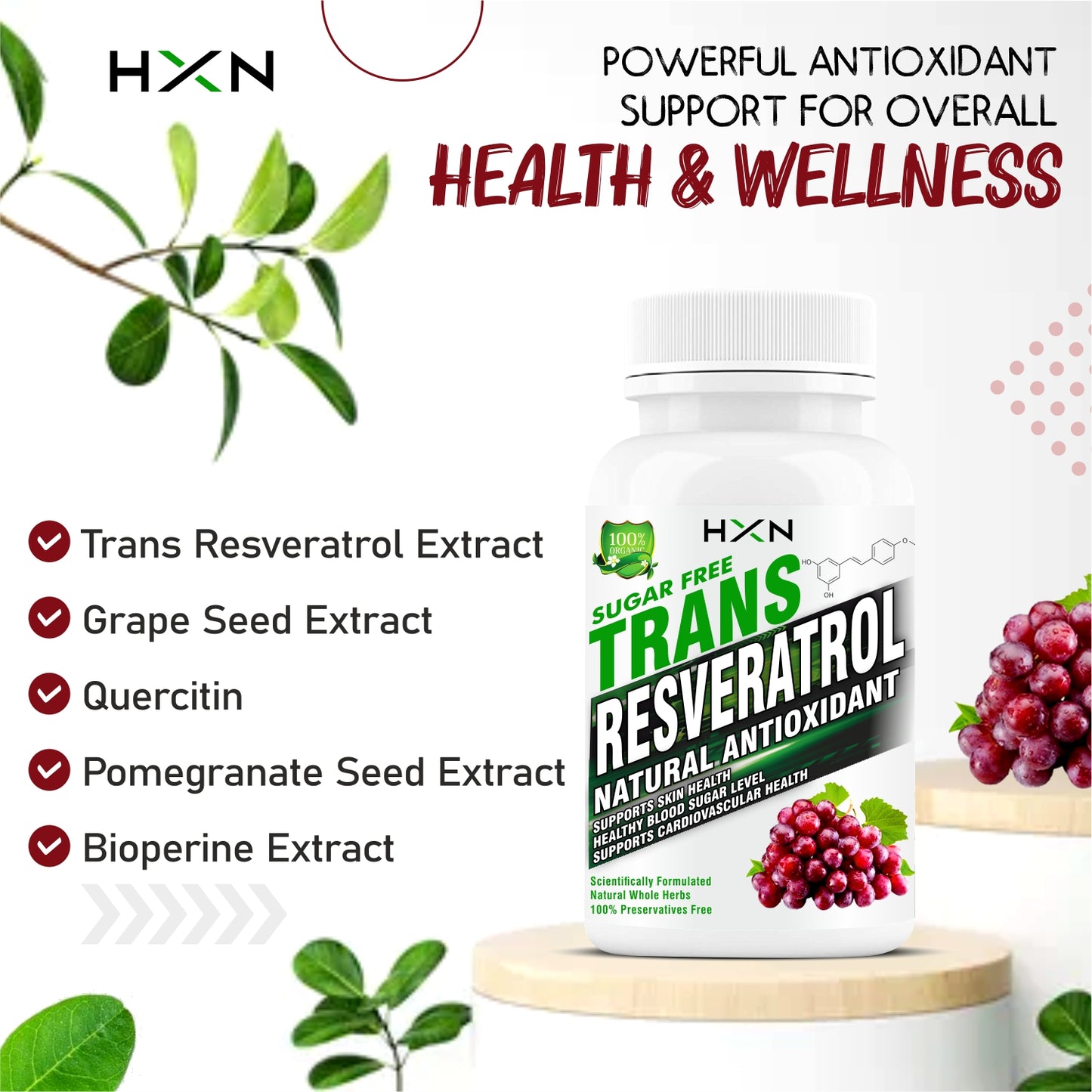 HXN Resveratrol 500mg Supplements With Grape Seed Extract, Quercetin 60 Tablets