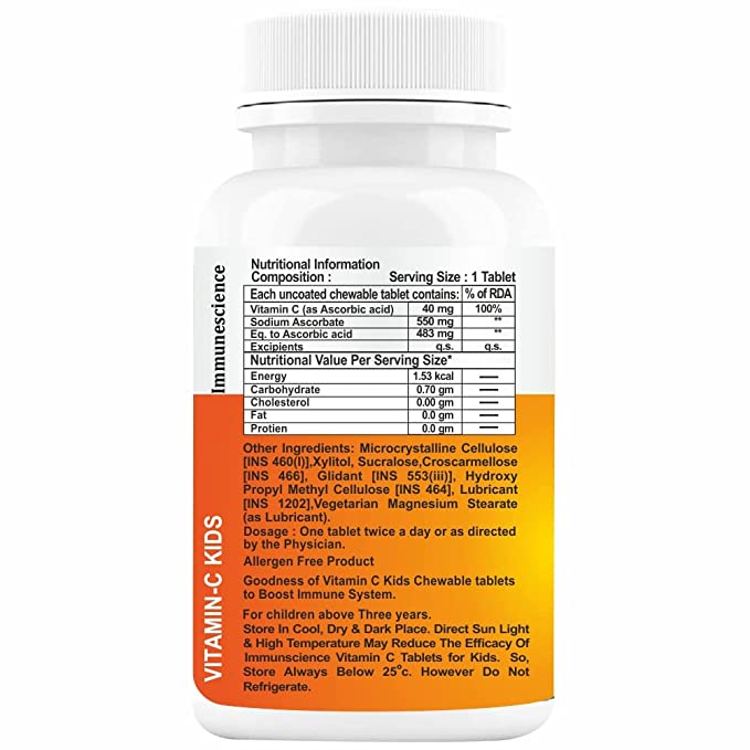 Immunescience Vitamin C Tablets for Kid's Strength, Energy, Growth & Strong Bones. Chewable - 120 Tablet