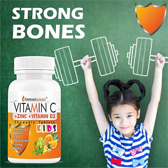 Immunescience Vitamin C Tablets for Kid's Strength, Energy, Growth & Strong Bones. Chewable - 120 Tablet