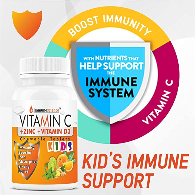 Immunescience Vitamin C Tablets for Kid's Strength, Energy, Growth & Strong Bones. Chewable - 120 Tablet