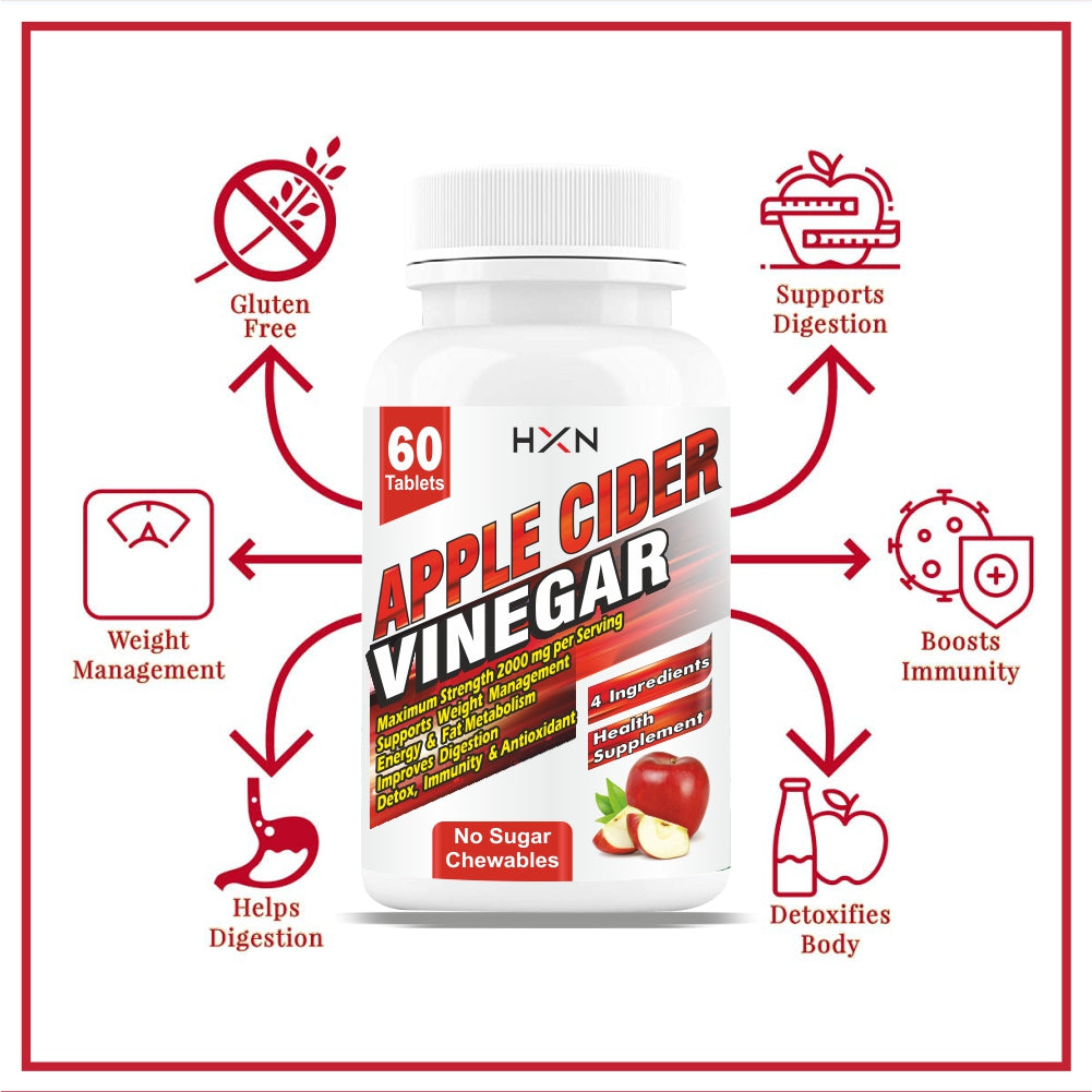 HXN Apple Cider Vinegar Tablet Organic Sugar Free Plant Based Protein ACV supplements for Weight Management, Keto Weight Loss Improved Gut Health For Women & Men -60 Tablets