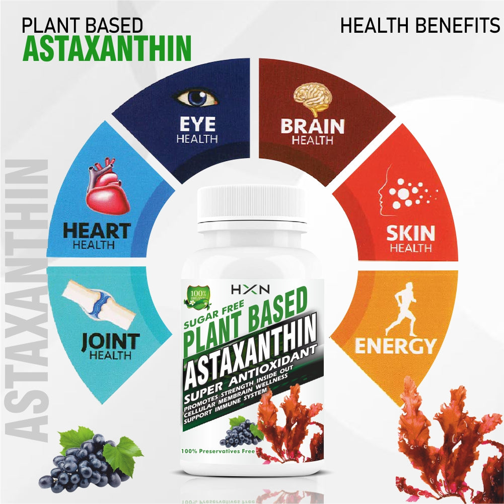 HXN Astaxanthin 6mg From Vegan Source & Grape Seed Extract Powder As Antioxidant, Immunity, Eye & Skin Health Nutrition - 60 Tablets
