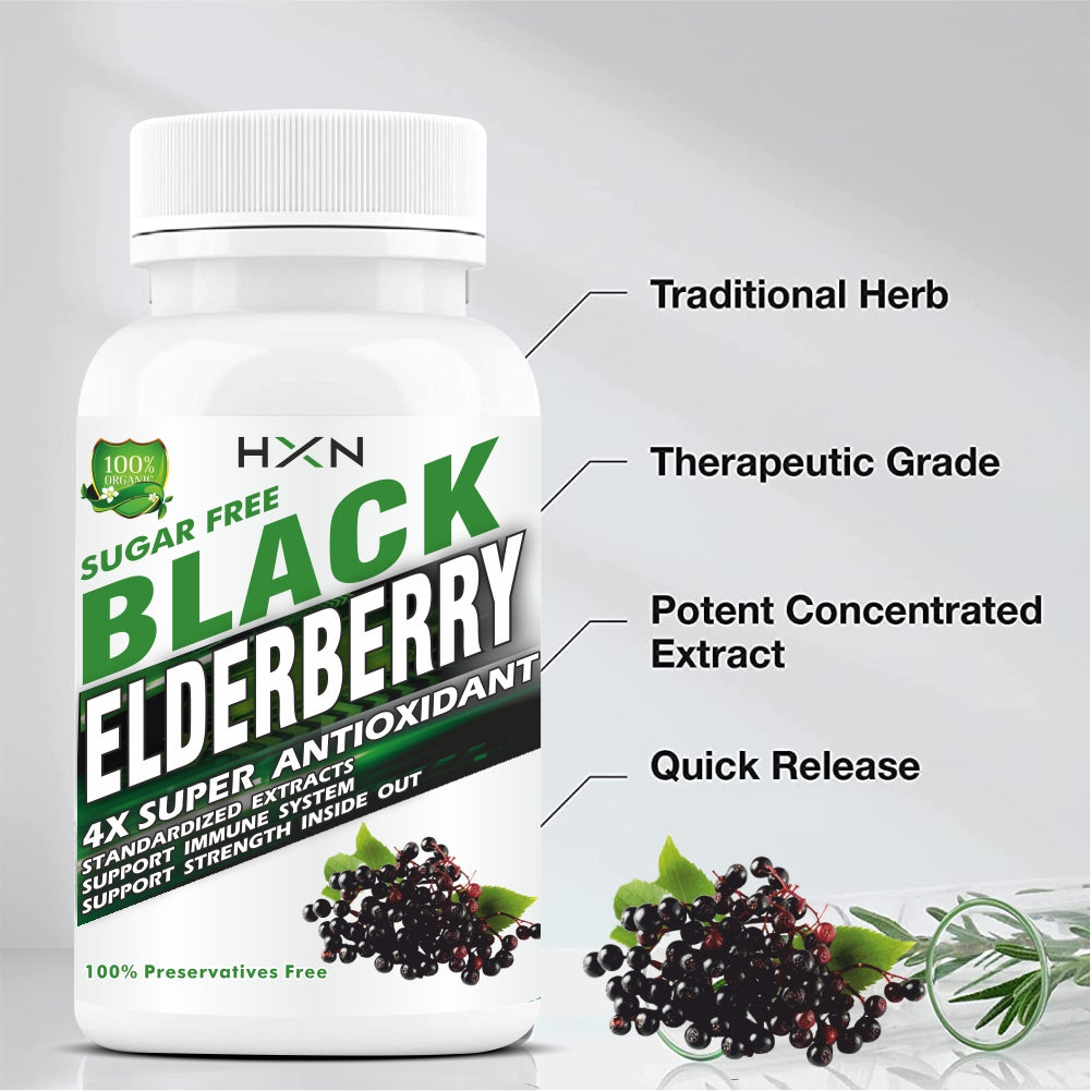 HXN Elderberry Extract with Zinc, Vitamin C & Ginger Extract, Organic Black Sambucus Elderberry Supplement For Antioxidant, And Immunity Support Supplement -60 Tablets