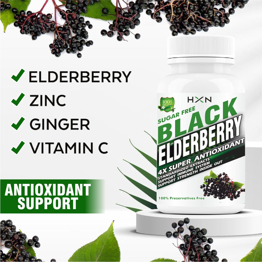 HXN Elderberry Extract with Zinc, Vitamin C & Ginger Extract, Organic Black Sambucus Elderberry Supplement For Antioxidant, And Immunity Support Supplement -60 Tablets