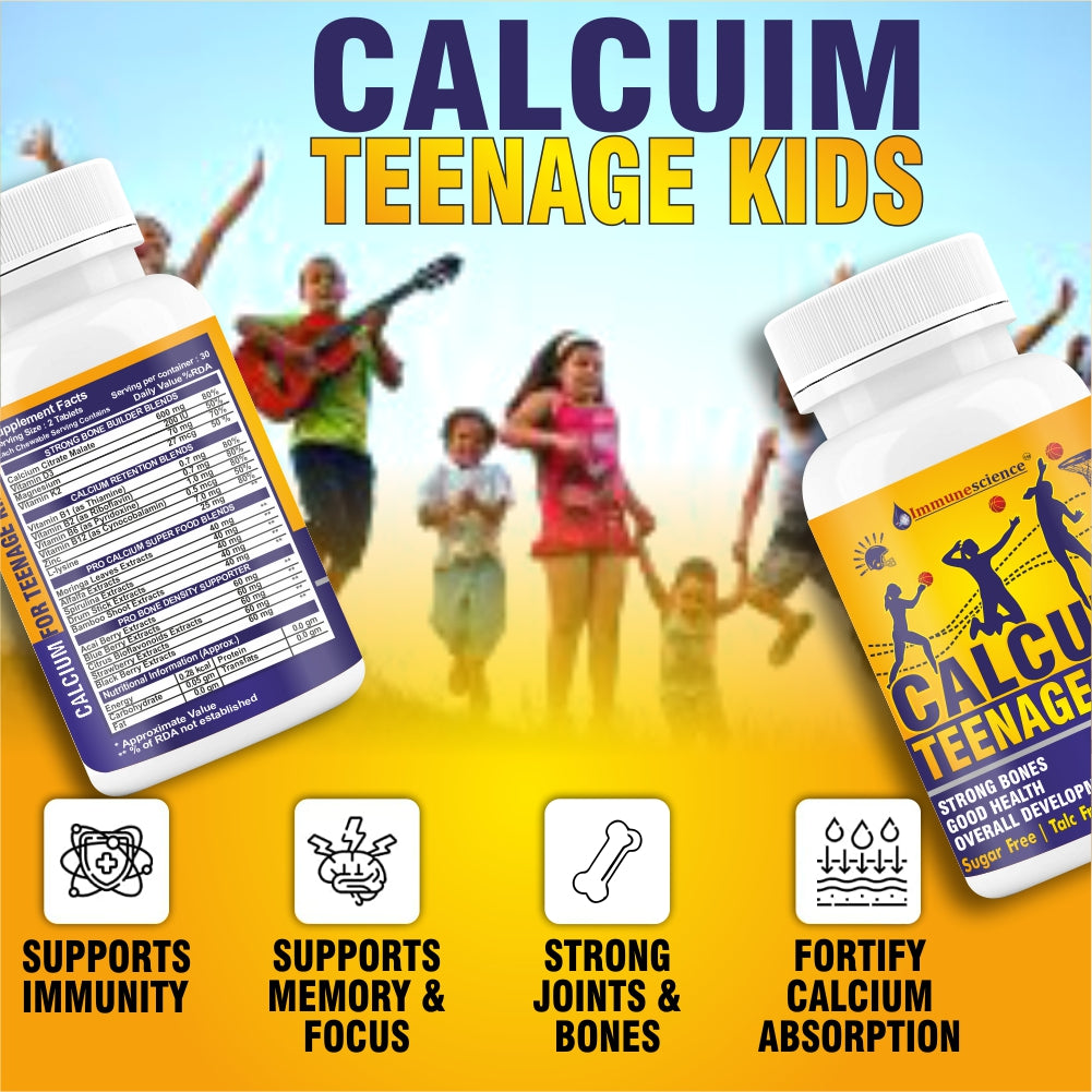 Immunescience Calcium For Kids for Strong Bones, Teeth, Growth 90 chewable Tablet (10-16 yrs)