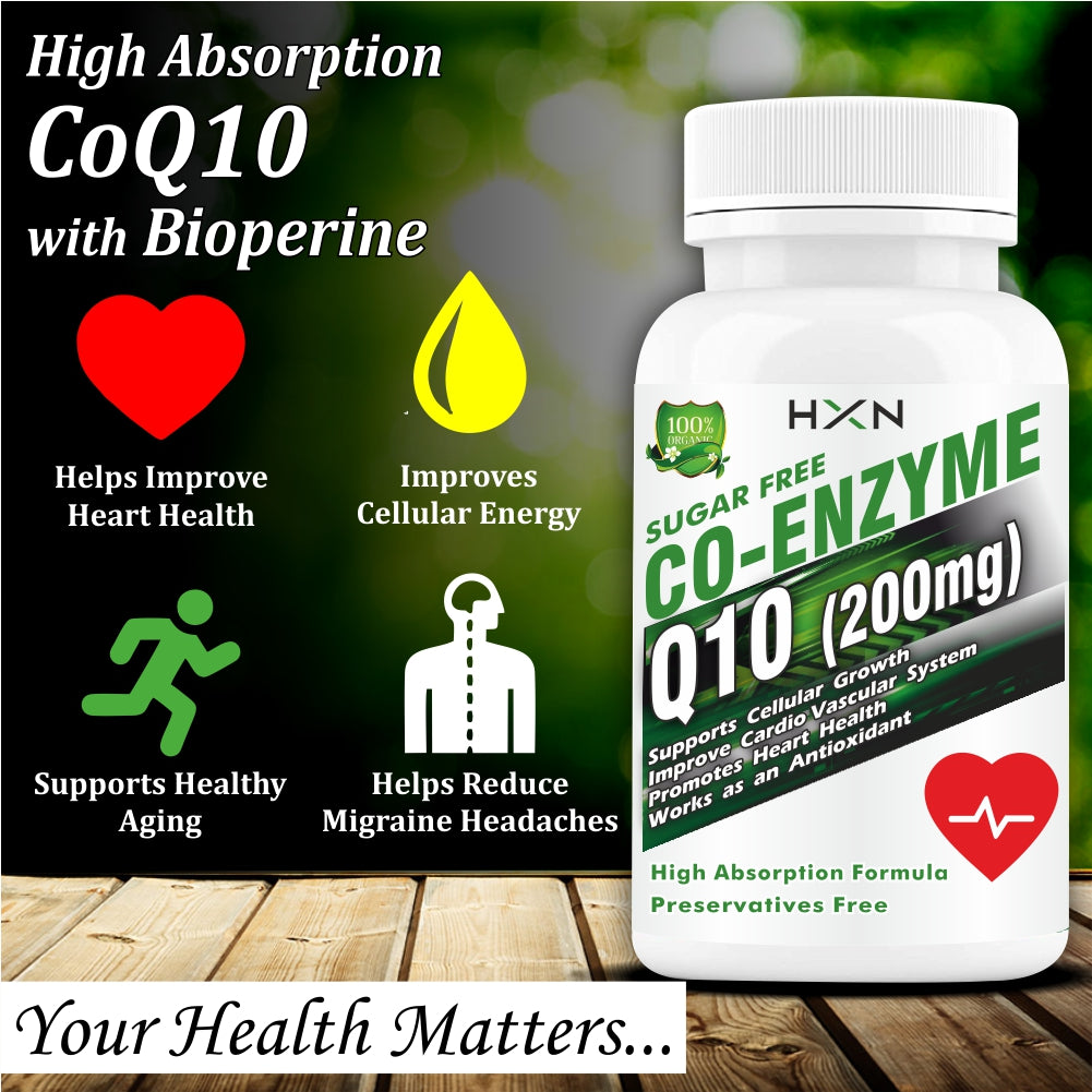 HXN coq10, coenzyme q10 200mg with piperine (Bioperine Supplement) Ubiquinol Enzymes Nosugar Tablet- 60 Tablets