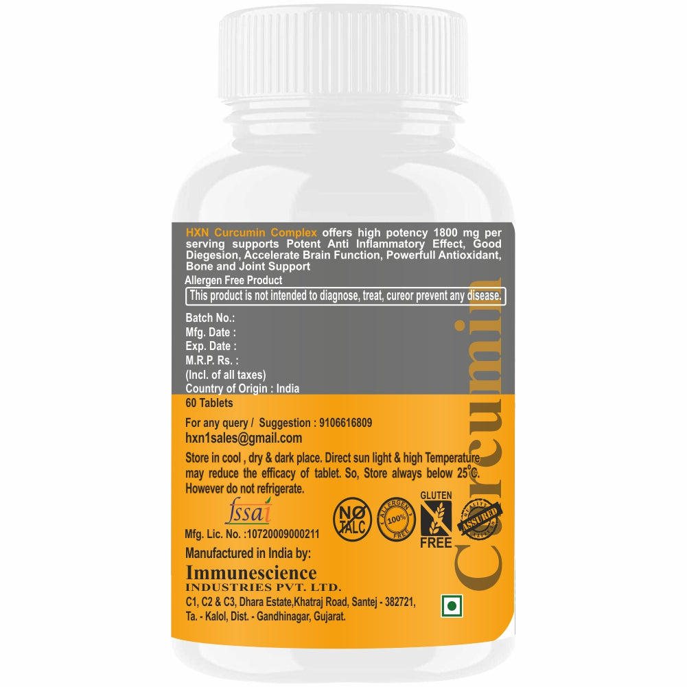 HXN Curcumin Supplements Tablets With Bioperine Vitamin C Coenzyme (CoQ10), 95% Curcuminoids Ginger Powder Extracts as Antii inflammatory Support Sugar-Free-60