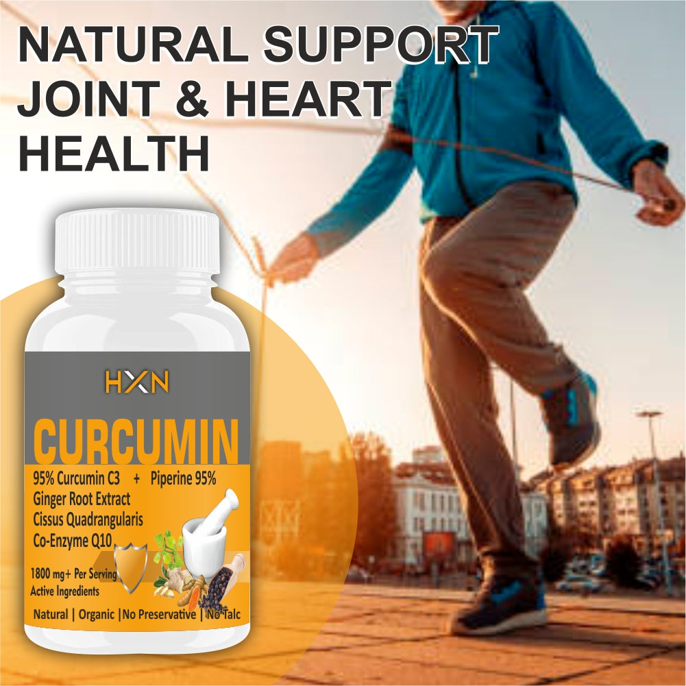 HXN Curcumin Supplements Tablets With Bioperine Vitamin C Coenzyme (CoQ10), 95% Curcuminoids Ginger Powder Extracts as Antii inflammatory Support Sugar-Free-60
