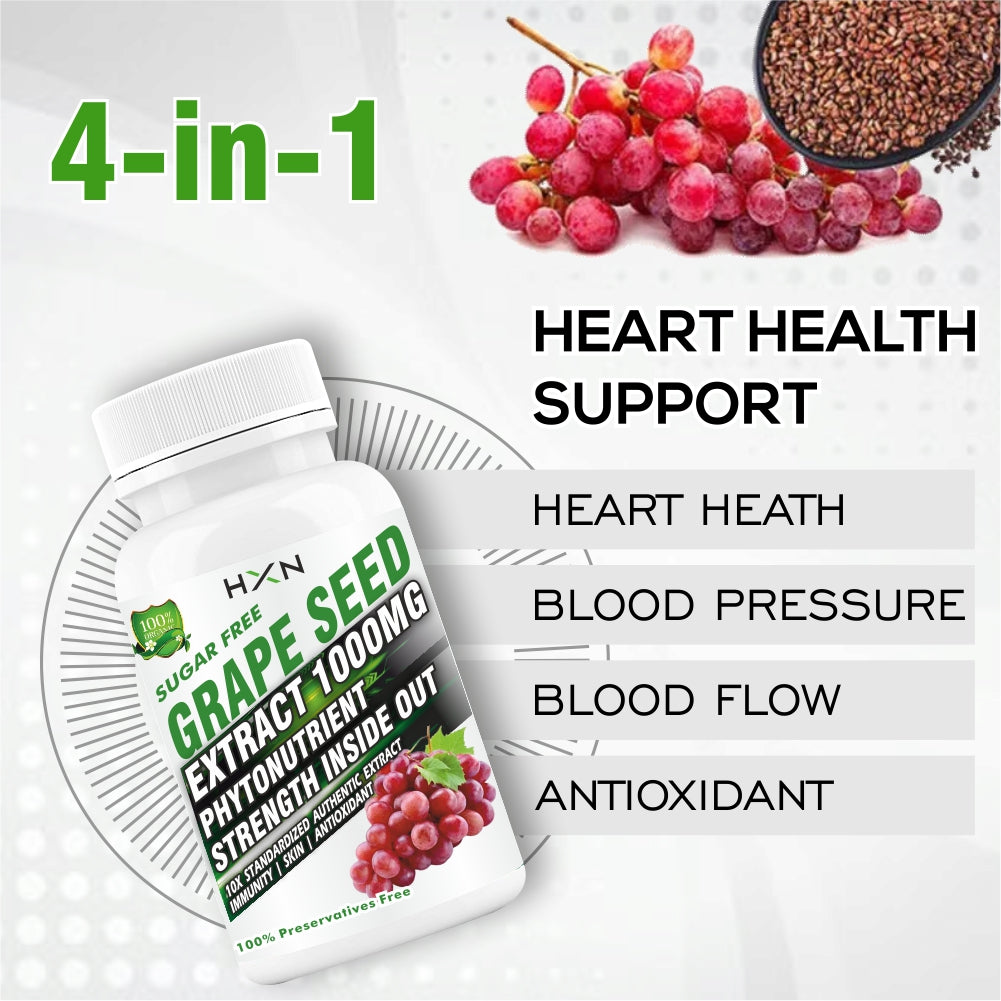 HXN Grape Seed Extract 1000mg (98% Polyphenols) Antioxidant Supplement, Healthy Cholesterol Level, Boost Immunity, Promotes Hair And Skin Hydration -60 Tablets