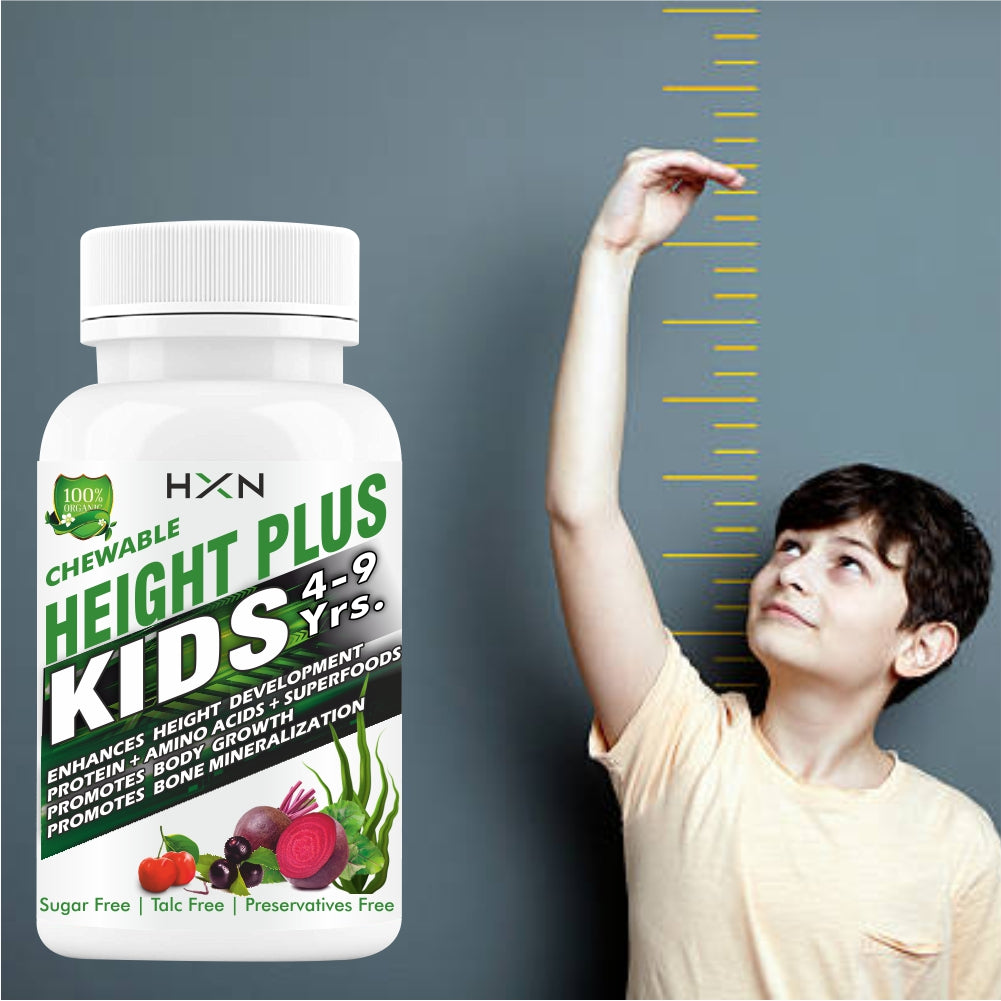 HXN Height Increase Medicine For Kids Enriching Essential Amino Acids, Protein, And Superfoods To Support Long Bone Mineralization & Growth- 60 Chewable Tablets