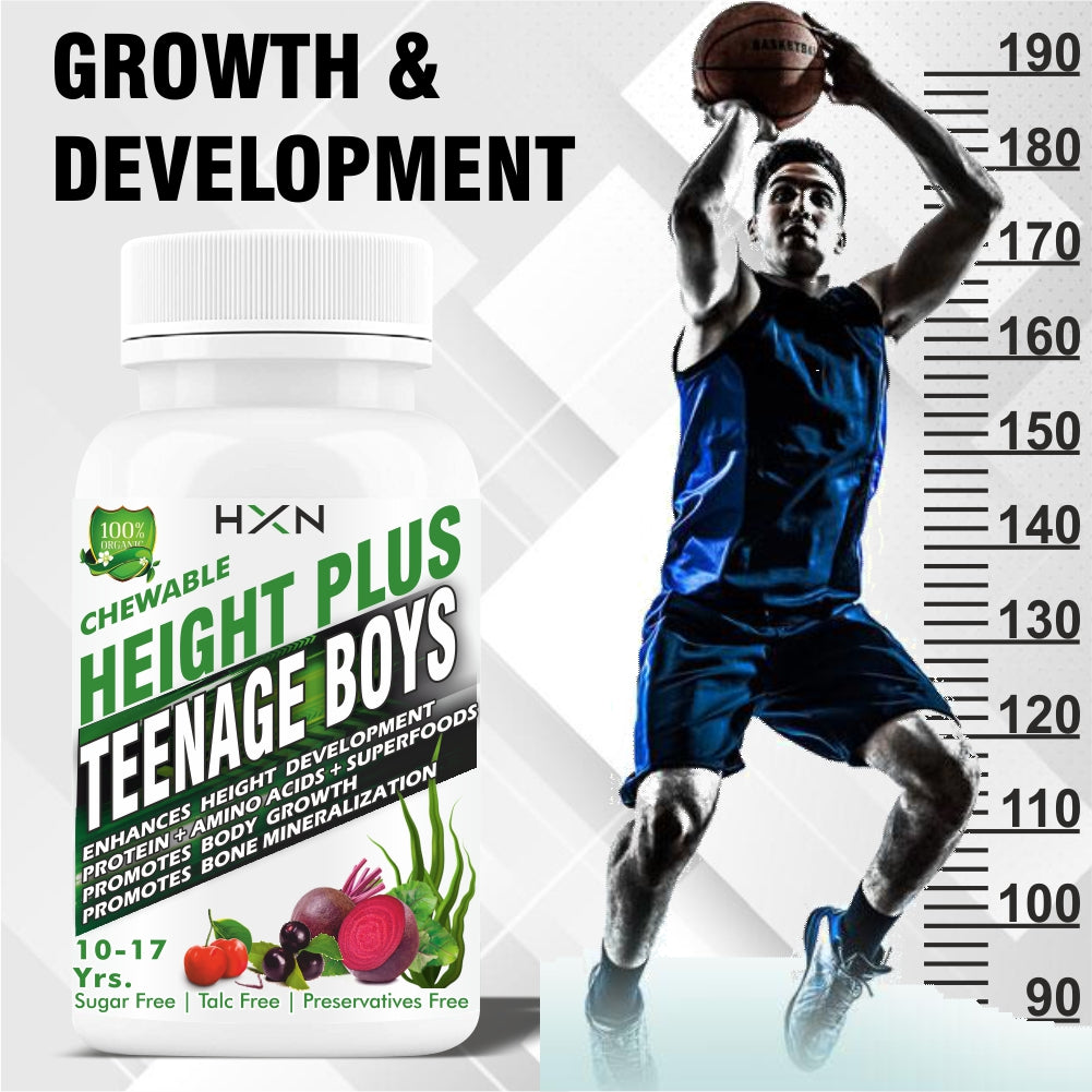 HXN Height Increase Medicine For Boys Enriching Essential Amino Acids, Protein, And Superfoods To Support Long Bone Mineralization & Growth- 60 Chewable Tablets