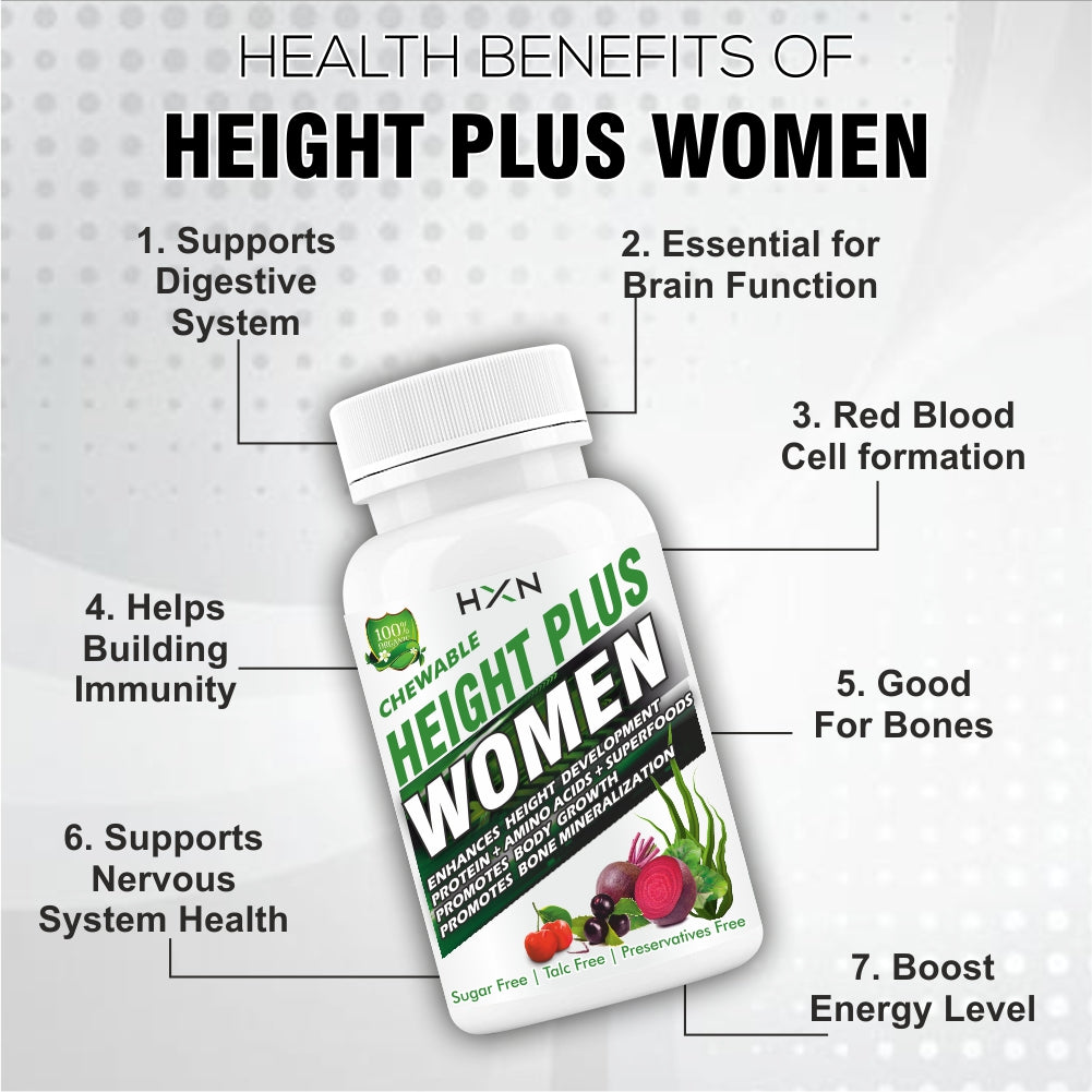 HXN Height Increase Medicine For Women Enriching Essential Amino Acids, Vitamins, Collagen Protein Peptides, And Superfood To Support Bone Mineralization, Growth & Development- 60 Tablets