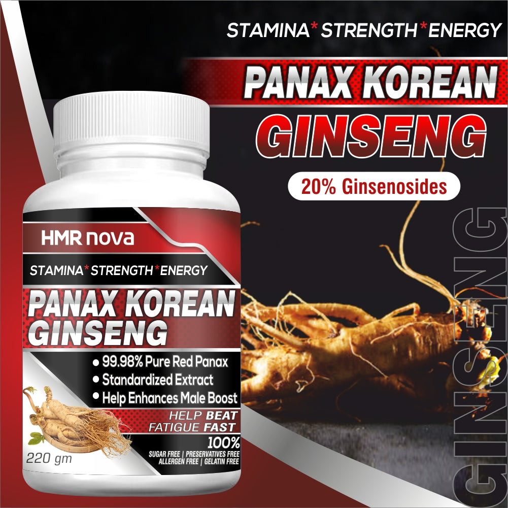 HMR NOVA Ginseng Powder, Panax Korean Red Ginseng Standardized Organic Root Extract With Ginkgo Biloba, And Bioperine As Dietary Supplement To Boost Energy- 220 GM