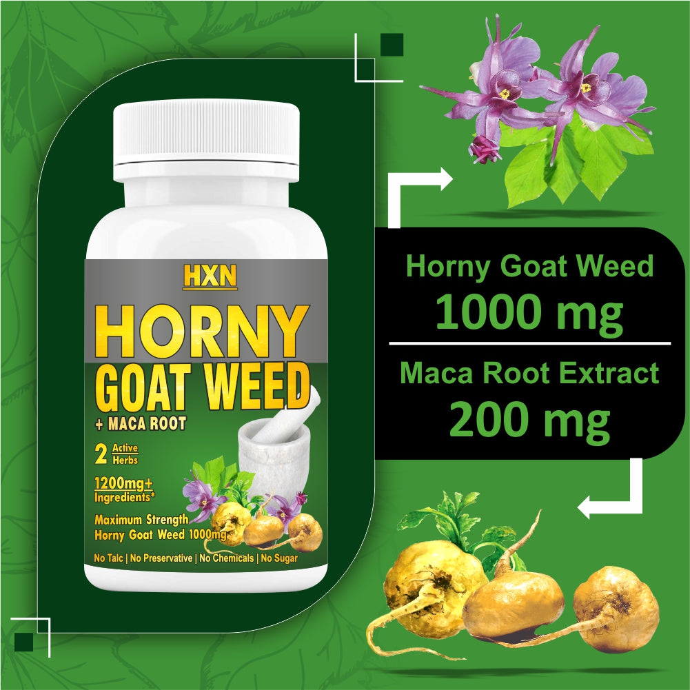 HXN Horny Goat Weed For Men & Women With Maca Root Powder Extract, (Standardized High Potency Icarin Epimedium) 1200mg Support Energy Metabolism- 60 Tablets