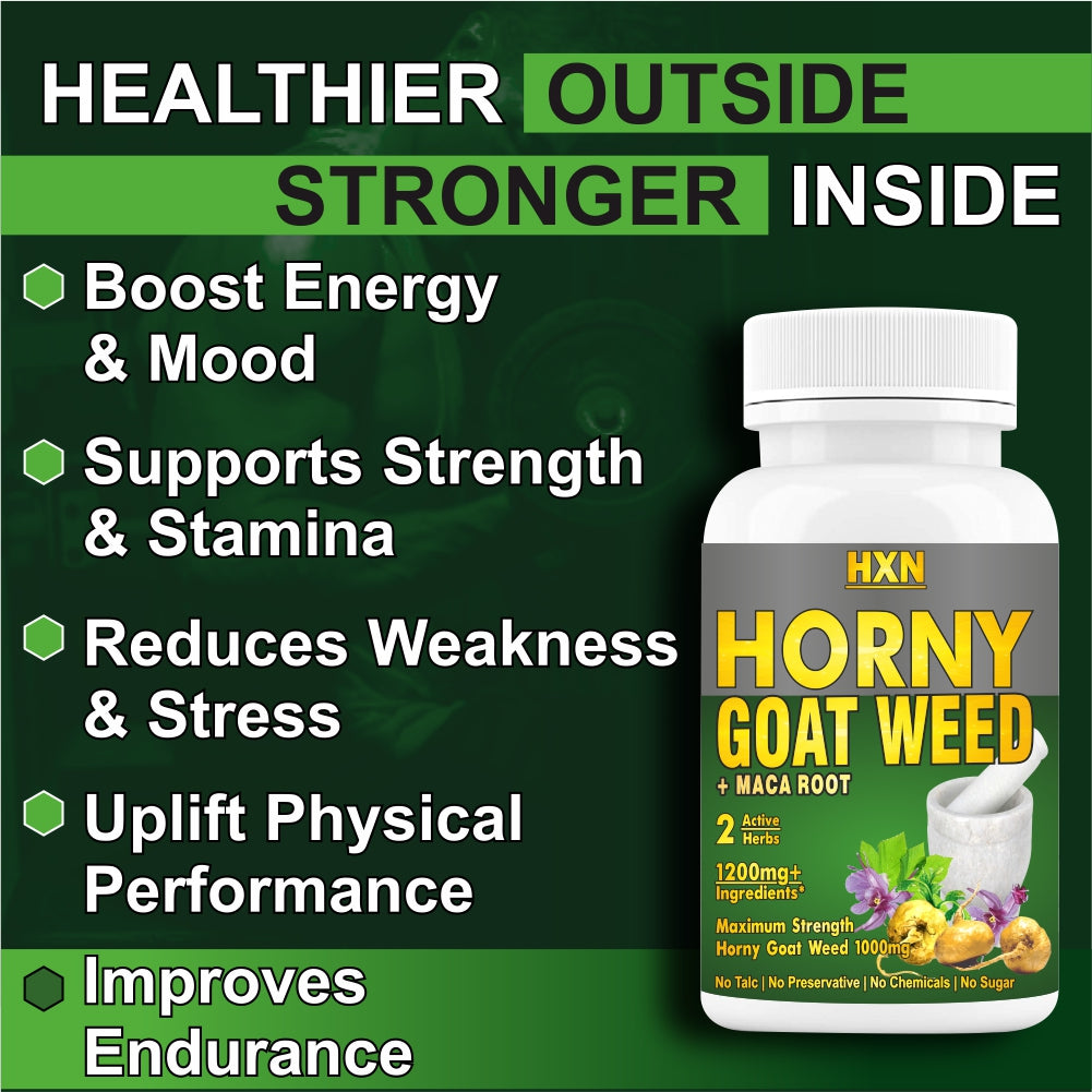 HXN Horny Goat Weed For Men & Women With Maca Root Powder Extract, (Standardized High Potency Icarin Epimedium) 1200mg Support Energy Metabolism- 60 Tablets