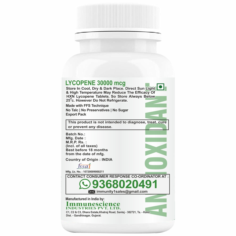HXN Lycopene 30000 mcg With Grape seed, Spirulina, Citrus Bioflavonoids, Vitamin C, And Super Foods To Promote No Sugar, No Gluten, Organic Antioxidant Support - 60 Tablets