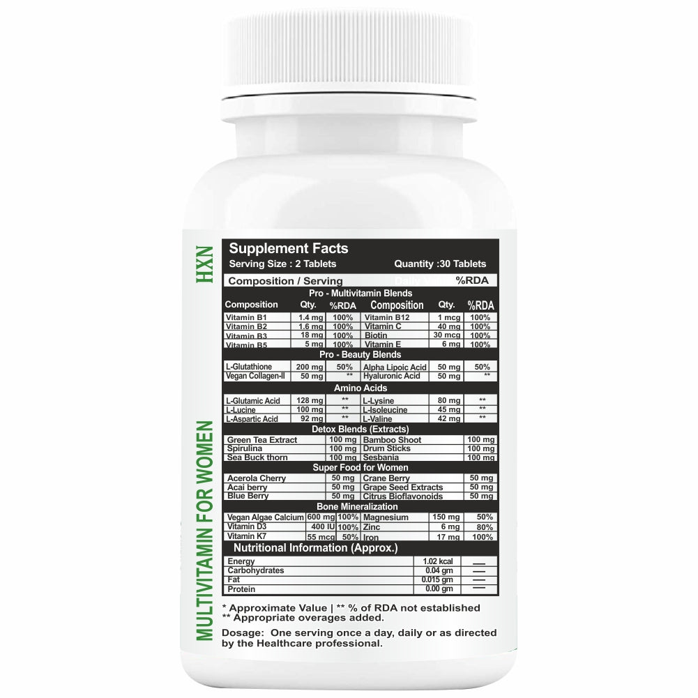 HXN Multivitamin For Women With Biotin, Vitamin C, Vit B12, E, Glutathione, ALA, Collagen Type 1, Probiotics, 11 Superfoods And 9 Minerals, -60