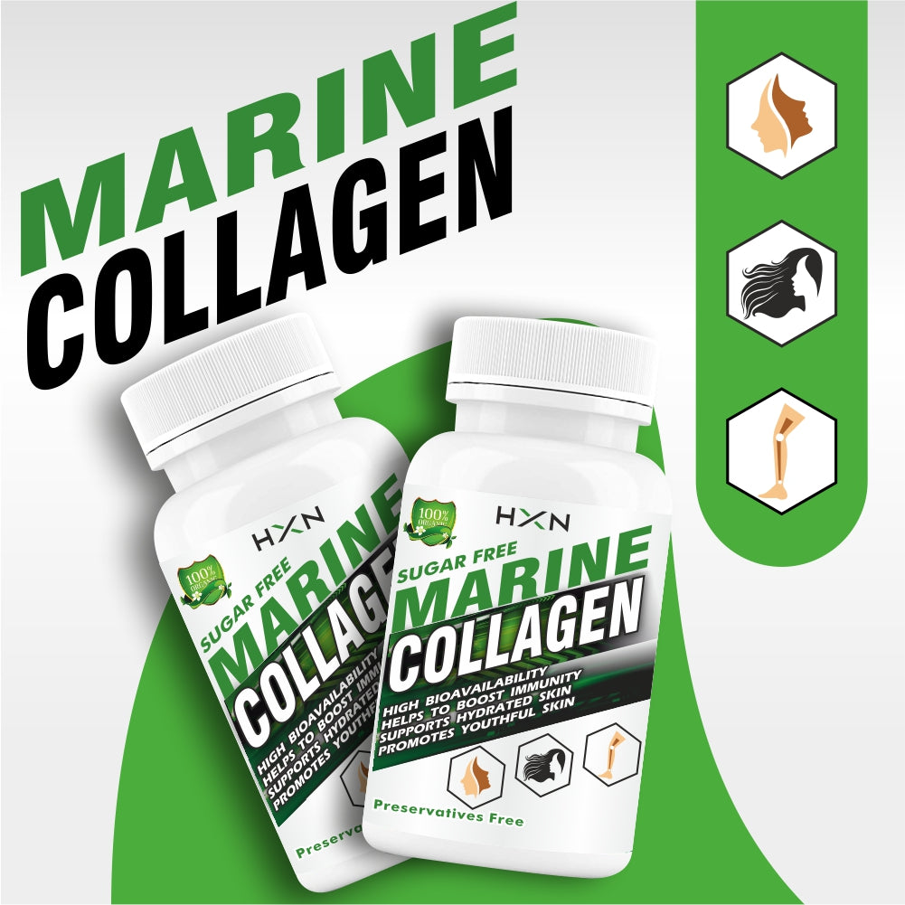 HXN Marine Collagen Powder For Women Men With Hyaluronic Acid, Vitamin C, E, B12 Supplements, Glutathione, Biotin, Lycopene, Grape Seed Extract -60 Tablets