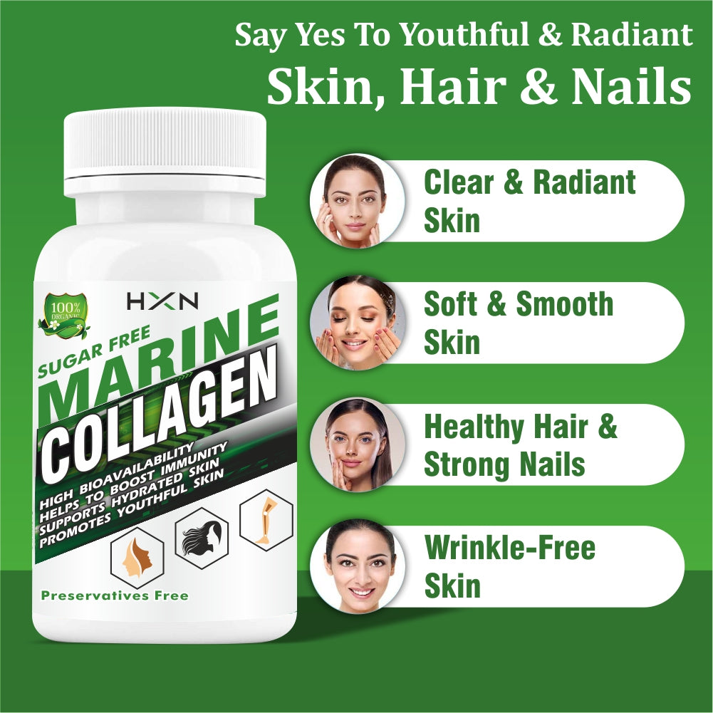 HXN Marine Collagen Powder For Women Men With Hyaluronic Acid, Vitamin C, E, B12 Supplements, Glutathione, Biotin, Lycopene, Grape Seed Extract -60 Tablets