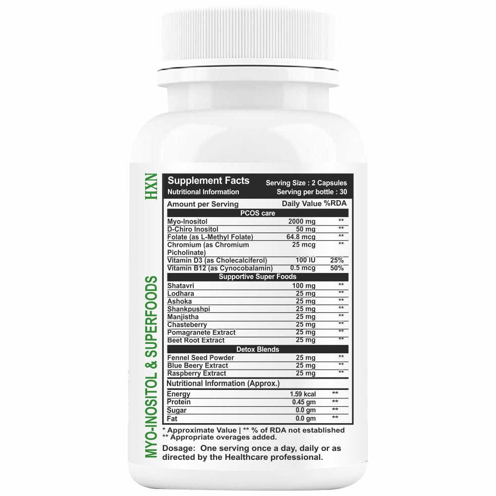 HXN PCOS Supplements For Women, PCOD Ayurvedic Medicine With Myo-Inositol, D-Chiro-Inositol, Shatavari, Vitamin D (as d3), B12 supplement - 60 Capsules