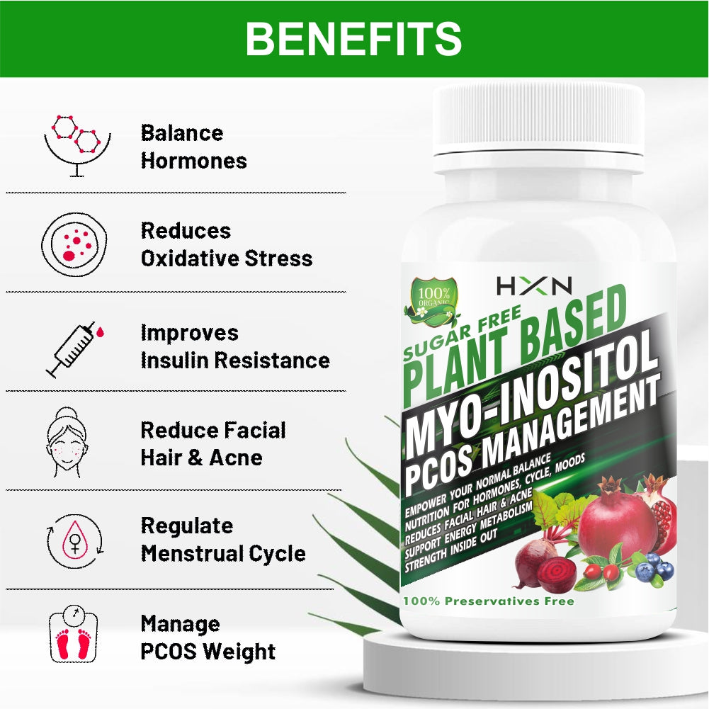 HXN PCOS Supplements For Women, PCOD Ayurvedic Medicine With Myo-Inositol, D-Chiro-Inositol, Shatavari, Vitamin D (as d3), B12 supplement - 60 Capsules