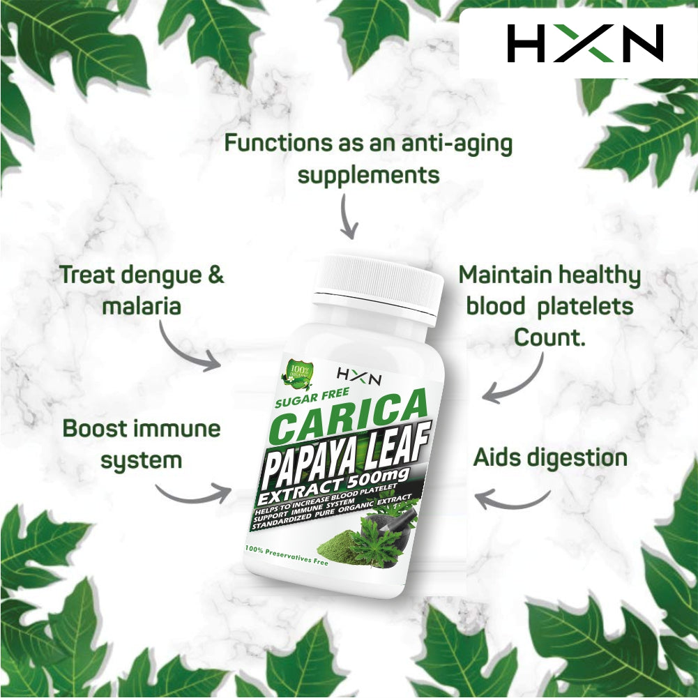 HXN Papaya Leaf Extract For Platelets Count Boosting Support, Papaya Leaf Juice 500mg Organic Extract -60 Tablet