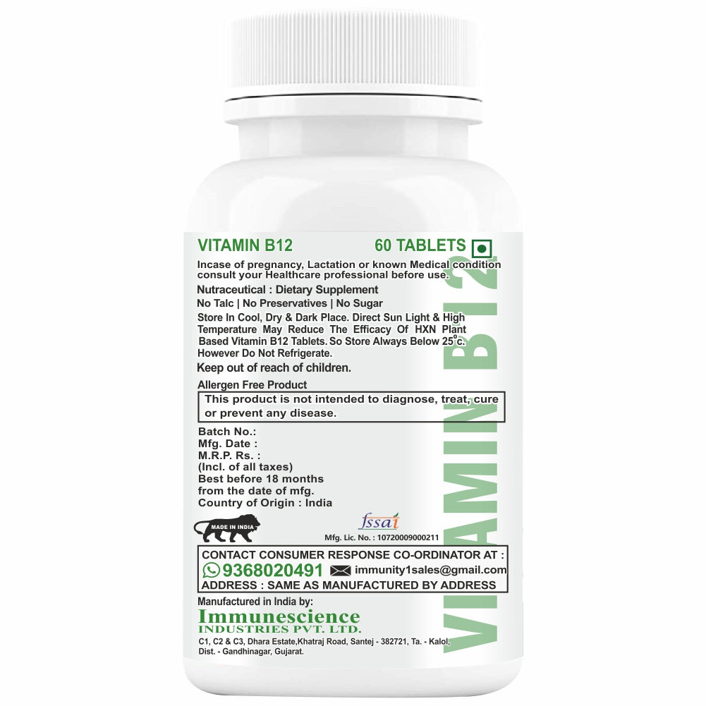 HXN Vitamin B12 Supplement For Men & Women, Plant Based Active Vit b 12, b1, b3, b5, b6 E, Nature Made Biotin , ALA, Inositol, Moringa 1500 mcg Sugar free Supplements - 120 Tablets