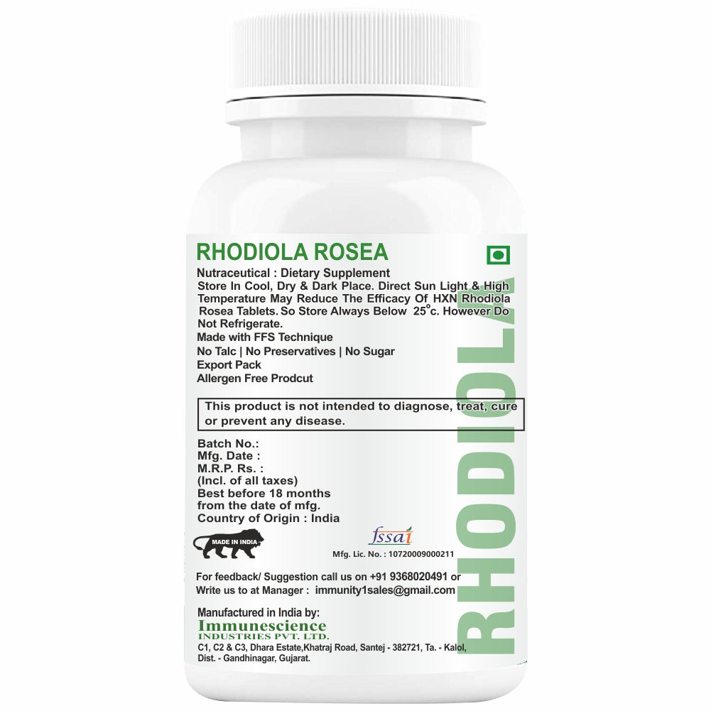 HXN Rhodiola Rosea 500mg Extract, With Piperine (95%). Standardized Adaptogenic Herb for Stress & Mood Support -60 Tablets