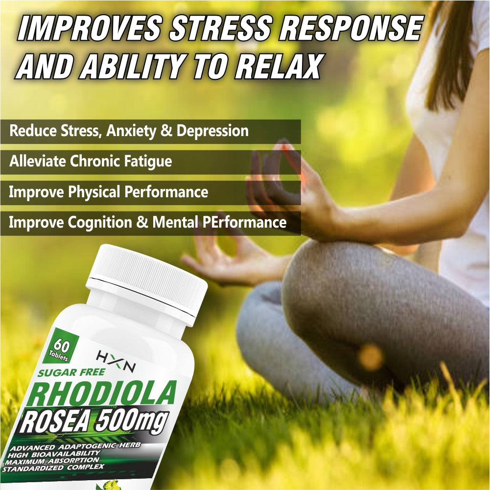 HXN Rhodiola Rosea 500mg Extract, With Piperine (95%). Standardized Adaptogenic Herb for Stress & Mood Support -60 Tablets
