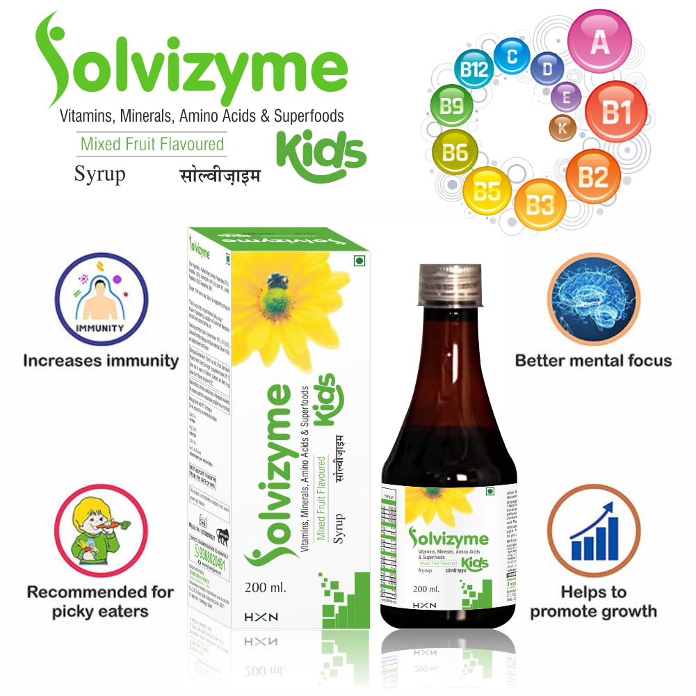 HXN Multivitamin Syrup For Kids With Vitamin C, D (as d3), E, B12 Supplement, EAA, Minerals, Super Foods To Support Immunity, Growth & Height-200 ml Mix Fruit Flavor (Pack Of 2)
