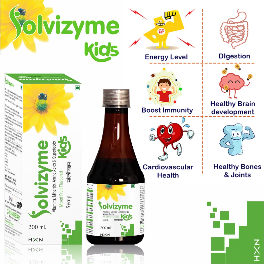 HXN Multivitamin Syrup For Kids With Vitamin C, D (as d3), E, B12 Supplement, EAA, Minerals, Super Foods To Support Immunity, Growth & Height-200 ml Mix Fruit Flavor (Pack Of 2)