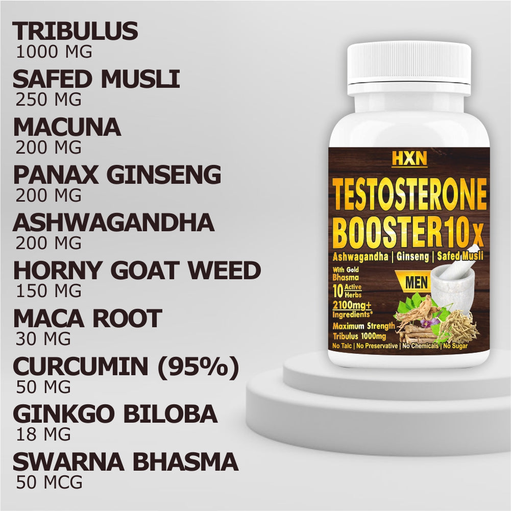 HXN Testosterone Booster For Men Tablet with Ashwagandha Ginseng Safed Musli Tribulus 1000 mg Swarn Bhasma To Promote Muscle Growth, Energy, And Stamina– 60 Sugar Free Tablets