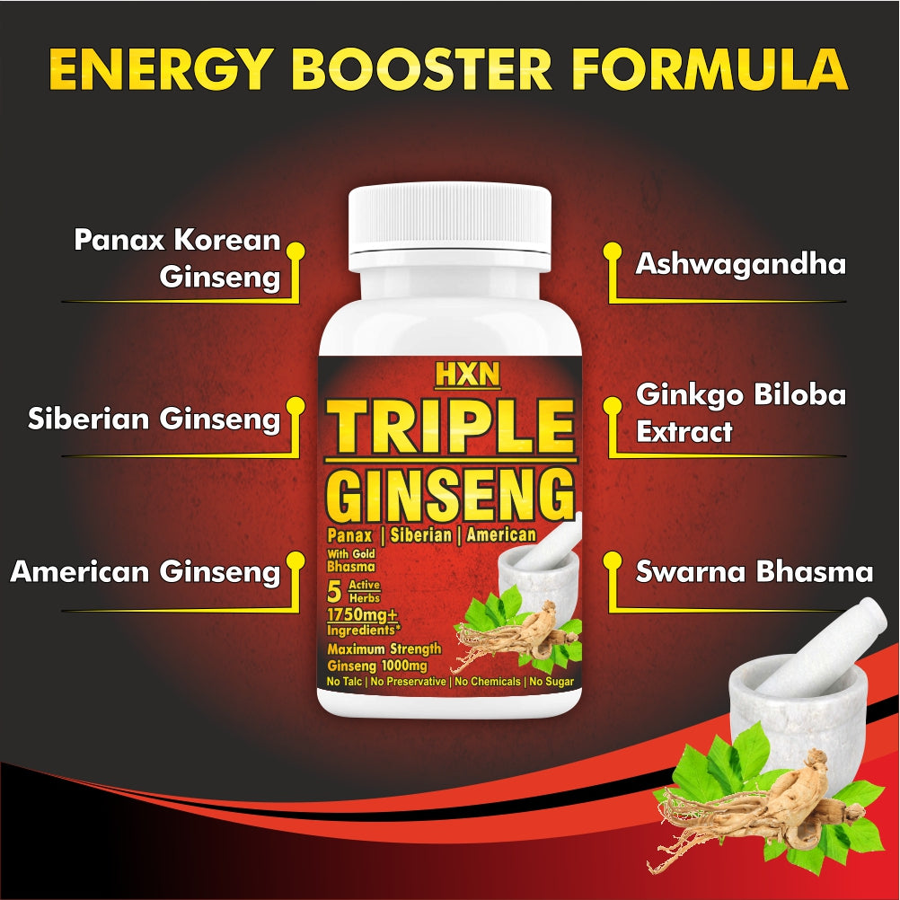 HXN Ginseng Capsules For Men, Triple Strength With Panax Korean Red Ginseng+ As Dietary Supplement -60 Tablets