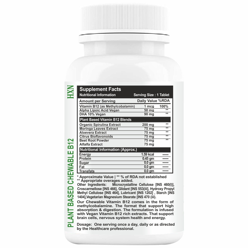 HXN Vitamin B12 Tablets For Men & Women, Plant-Based Active Vit b 12 (Methylcobalamin 1mcg), DHA, Moringa Sugar-free Chewable Supplements boost Brain cells, Nerve Tissue -120 Tablets