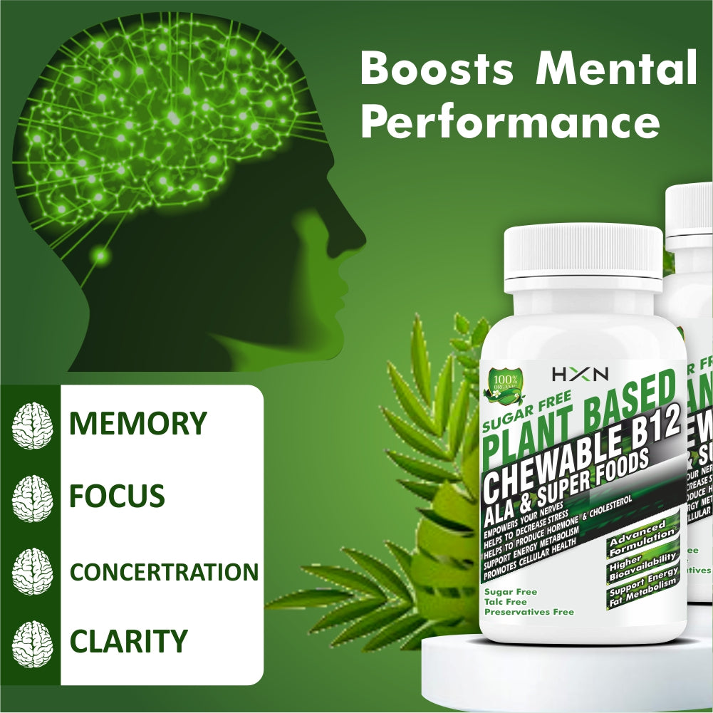 HXN Vitamin B12 Tablets For Men & Women, Plant-Based Active Vit b 12 (Methylcobalamin 1mcg), DHA, Moringa Sugar-free Chewable Supplements boost Brain cells, Nerve Tissue -120 Tablets