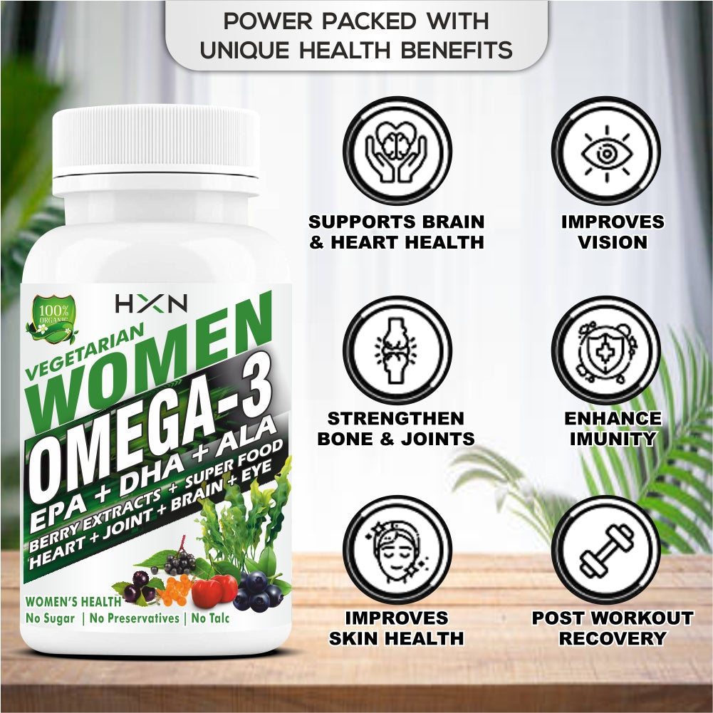 HXN Omega 3 Fatty Acid Supplements For Women With Alpha Lipoic Acid, Evening Primrose, Grape Seed, Berries Extracts. Vegetarian omega3 For Healthy Skin, Heart, Strong Bones -60 Tablets